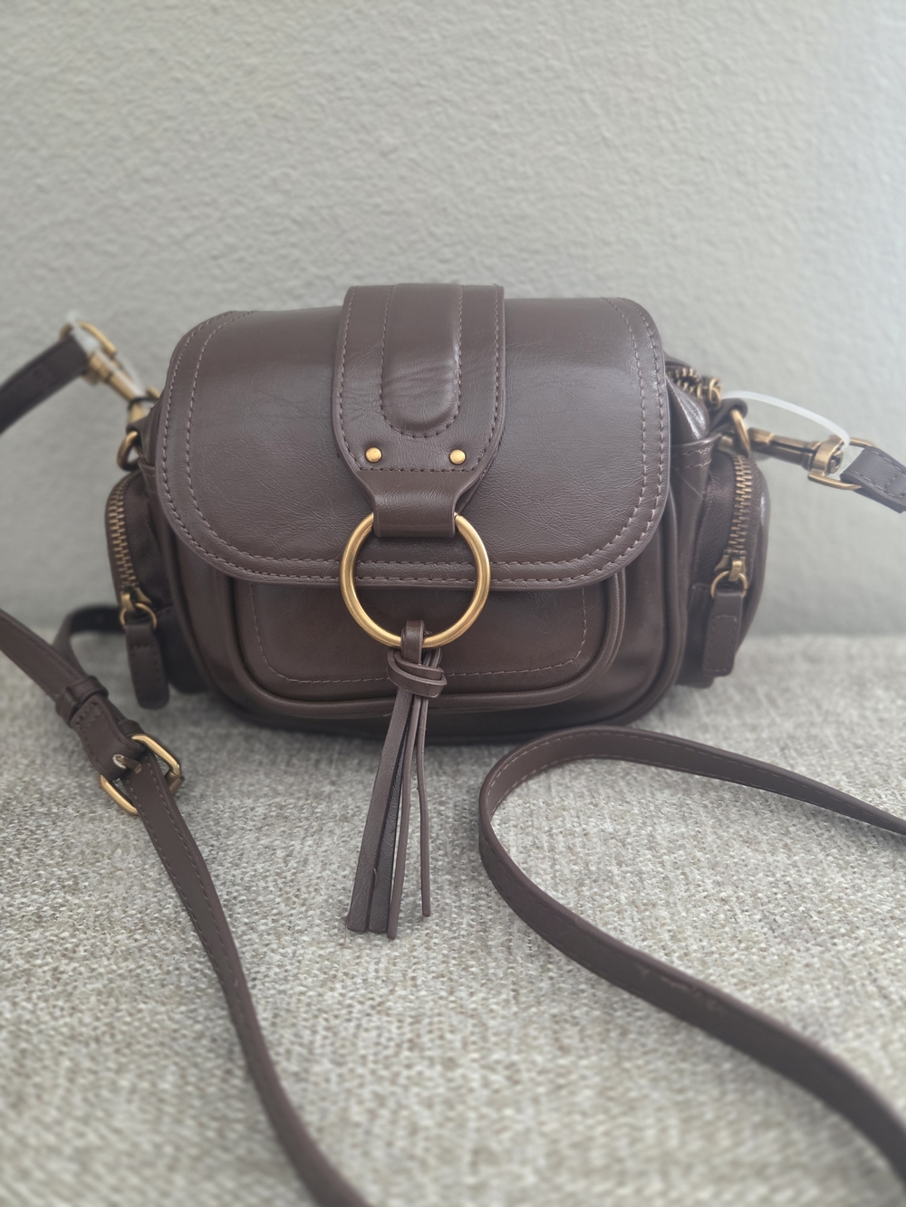 Steve Madden Chocolate Brown Faux Leather Crossbody with Gold Ring Tassel